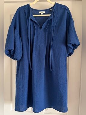 Max Studio Blue Bubble Sleeve Flowy Mini Popover Dress w Pockets, Tie Front - S